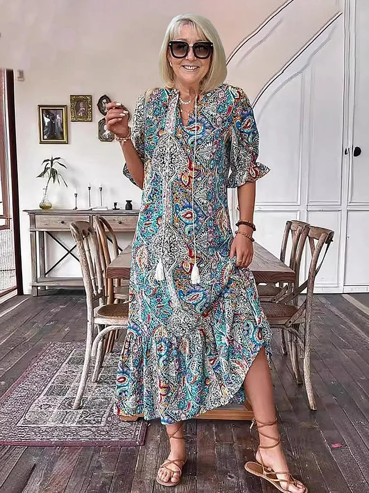REVAYA – BOHEMIAN PAISLEY TASSELPOCKET TUNIC DRESS
