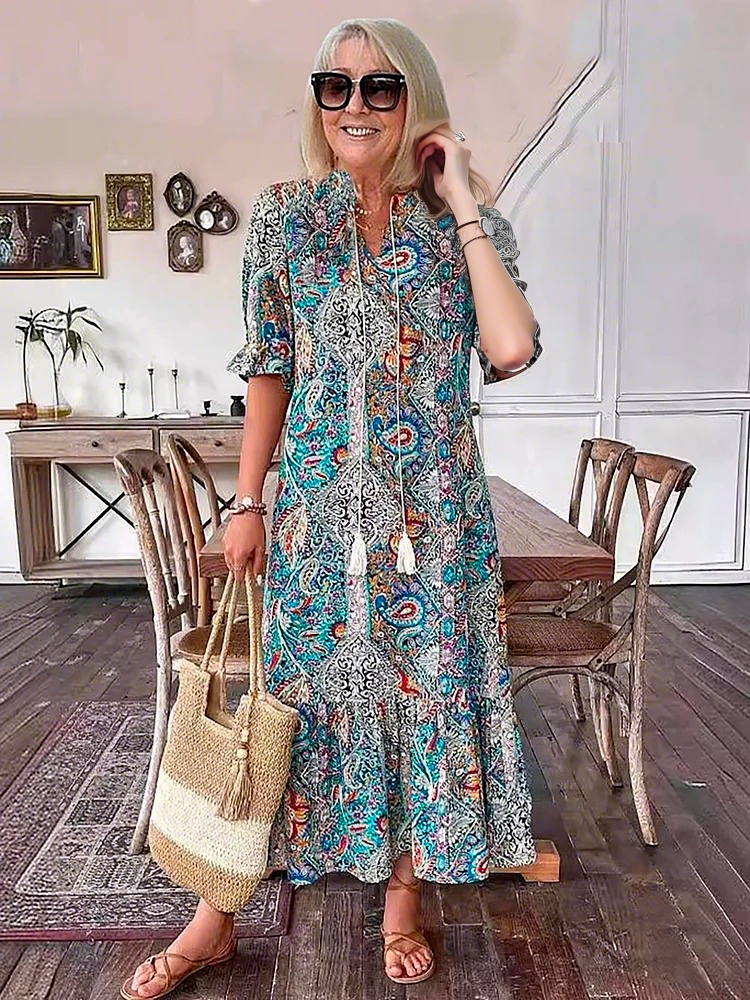 REVAYA – BOHEMIAN PAISLEY TASSELPOCKET TUNIC DRESS