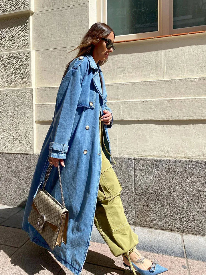 Jade - Long Trench Coat for Women with Belt – Blue