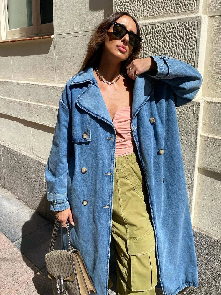 Jade - Long Trench Coat for Women with Belt – Blue