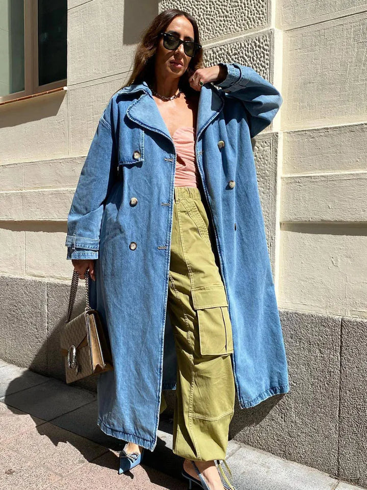 Jade - Long Trench Coat for Women with Belt – Blue