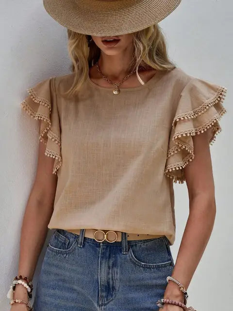 Women's Blouse - Ruffle Sleeve Round Neck  Relaxed Fit Elegant Top