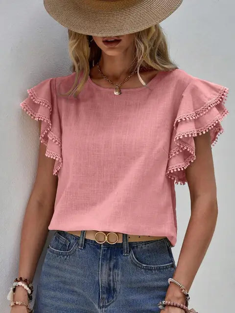 Women's Blouse - Ruffle Sleeve Round Neck  Relaxed Fit Elegant Top