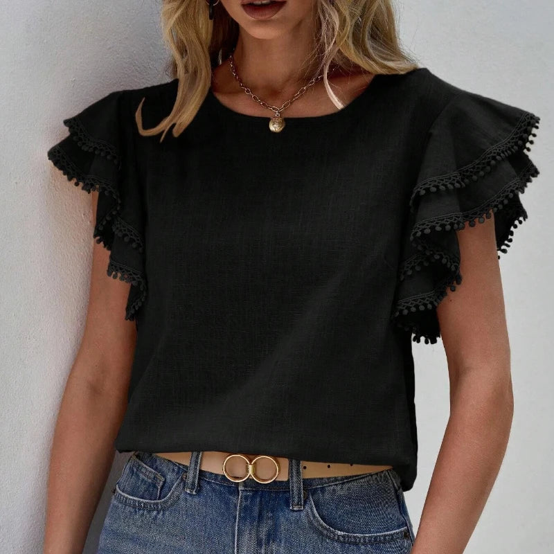 Women's Blouse - Ruffle Sleeve Round Neck  Relaxed Fit Elegant Top