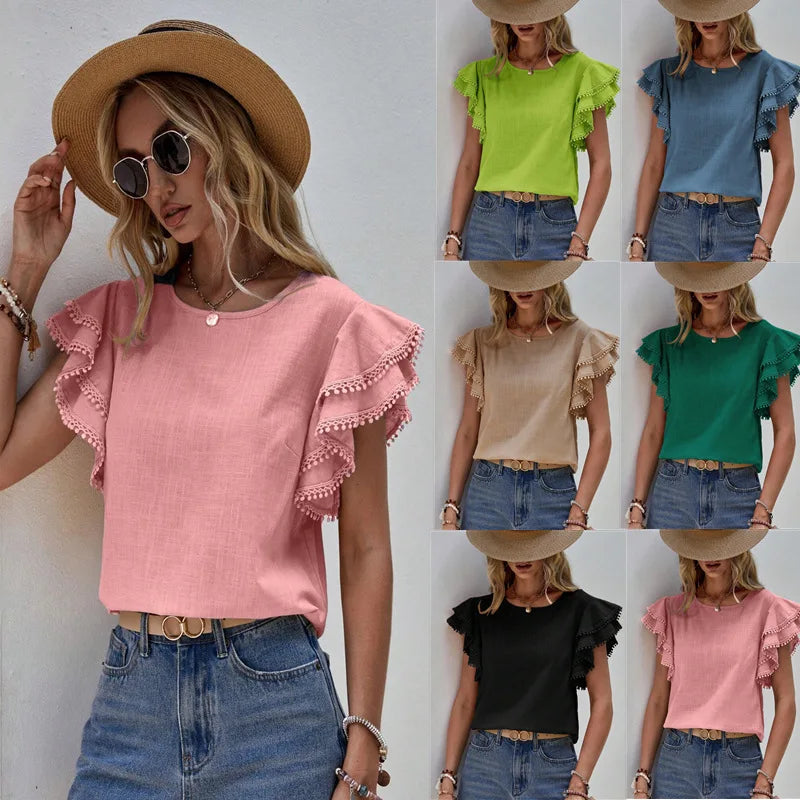 Women's Blouse - Ruffle Sleeve Round Neck  Relaxed Fit Elegant Top