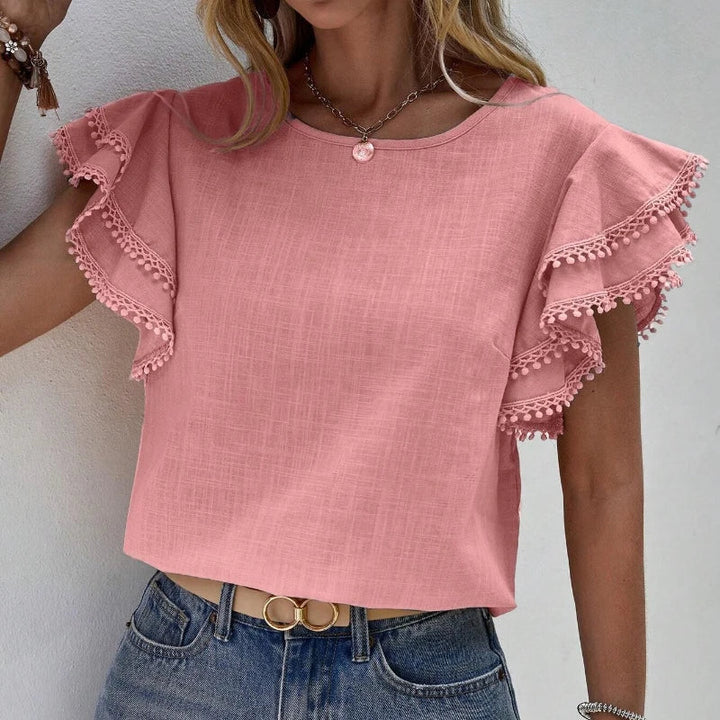 Women's Blouse - Ruffle Sleeve Round Neck  Relaxed Fit Elegant Top