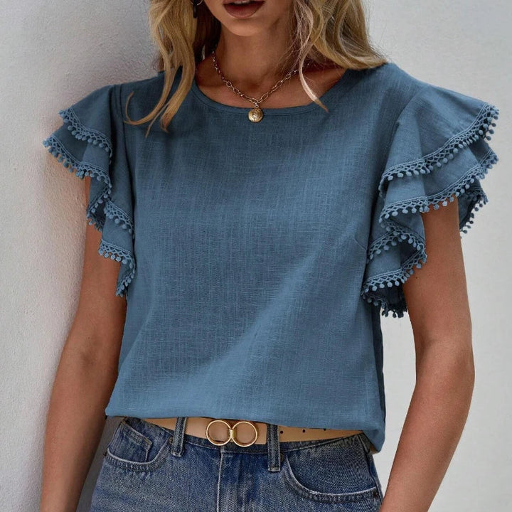 Women's Blouse - Ruffle Sleeve Round Neck  Relaxed Fit Elegant Top