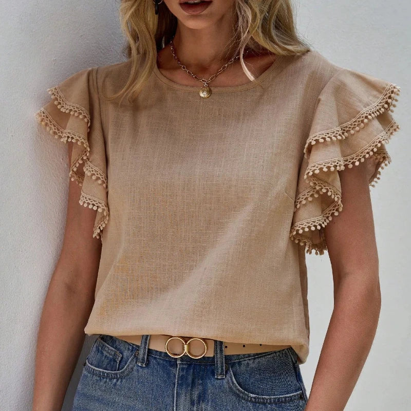 Women's Blouse - Ruffle Sleeve Round Neck  Relaxed Fit Elegant Top