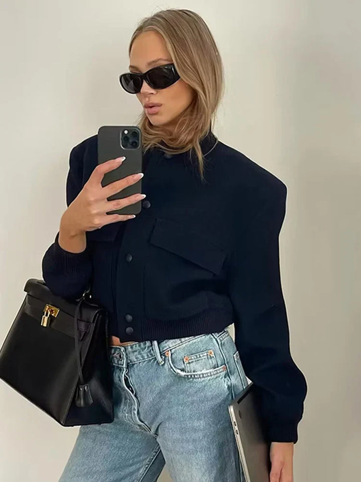 Women's Bomber Jacket - Lightweight Button-Up - Long Sleeve Casual Streetwear - Ribbed Cuffs & Hem - Pocket Detail