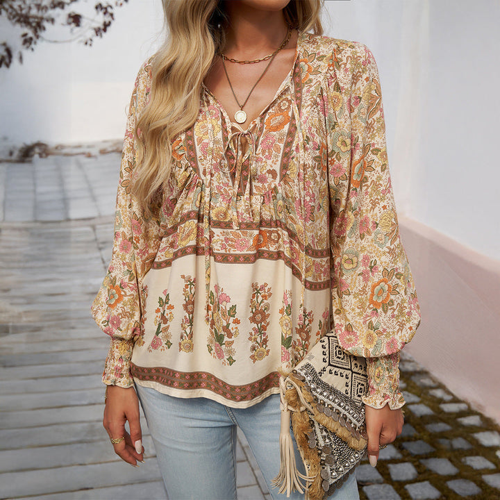 Women’s Blouse – Lightweight Rayon  Relaxed Fit Tie Neck Boho Long Sleeve