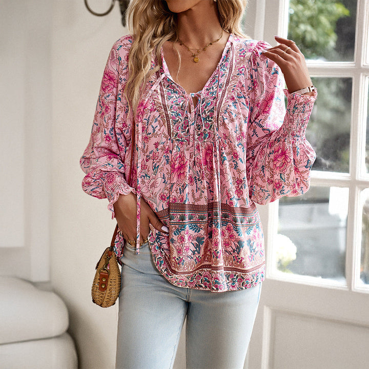 Women’s Blouse – Lightweight Rayon  Relaxed Fit Tie Neck Boho Long Sleeve