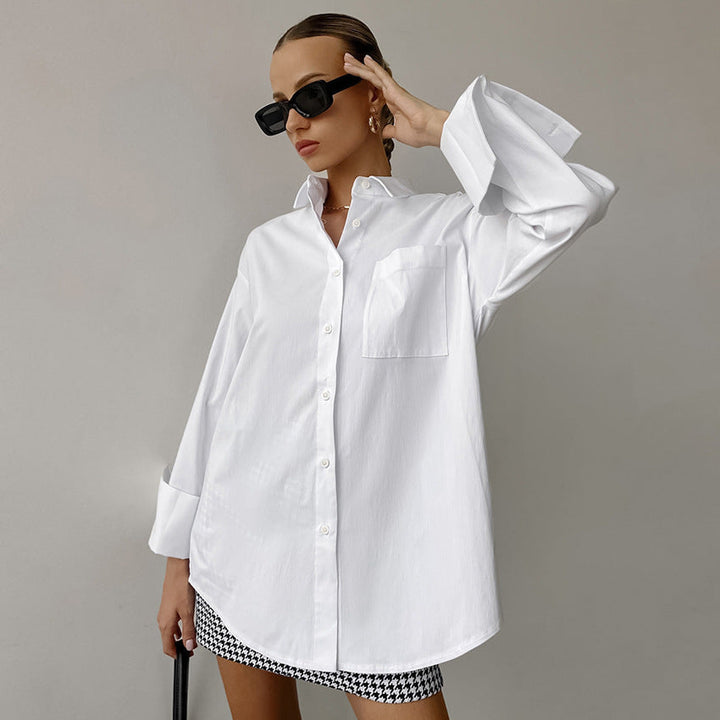 Women’s Button-Up Shirt  Cotton Blend Oversized Fit  Long Sleeve Casual Style