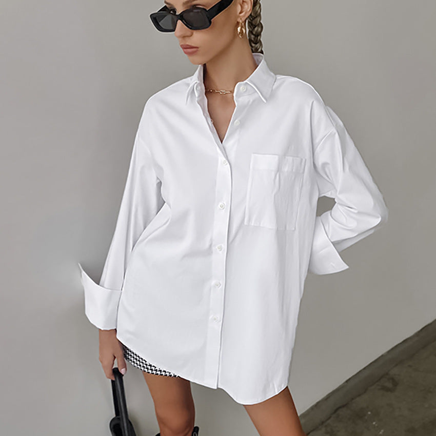 Women’s Button-Up Shirt  Cotton Blend Oversized Fit  Long Sleeve Casual Style