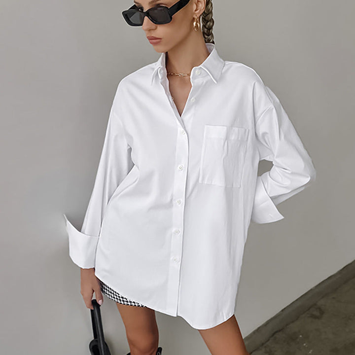 Women’s Button-Up Shirt  Cotton Blend Oversized Fit  Long Sleeve Casual Style