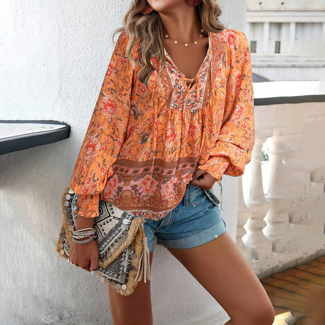 Women’s Blouse – Lightweight Rayon  Relaxed Fit Tie Neck Boho Long Sleeve