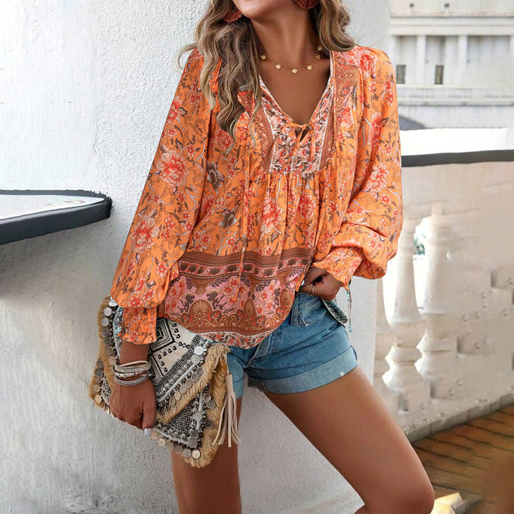 Women’s Blouse – Lightweight Rayon  Relaxed Fit Tie Neck Boho Long Sleeve