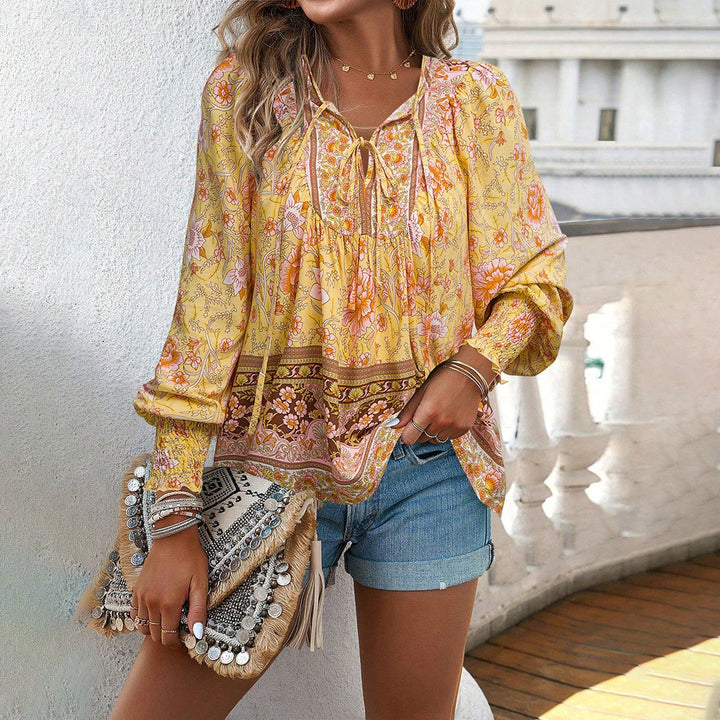 Women’s Blouse – Lightweight Rayon  Relaxed Fit Tie Neck Boho Long Sleeve