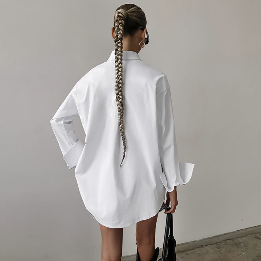 Women’s Button-Up Shirt  Cotton Blend Oversized Fit  Long Sleeve Casual Style