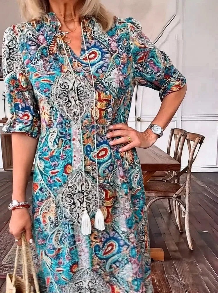 REVAYA – BOHEMIAN PAISLEY TASSELPOCKET TUNIC DRESS